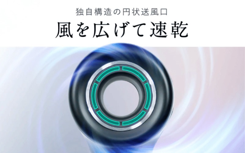 NIPLUXヘアドライヤーの正面からみた写真と「風を広げて速乾」の文字