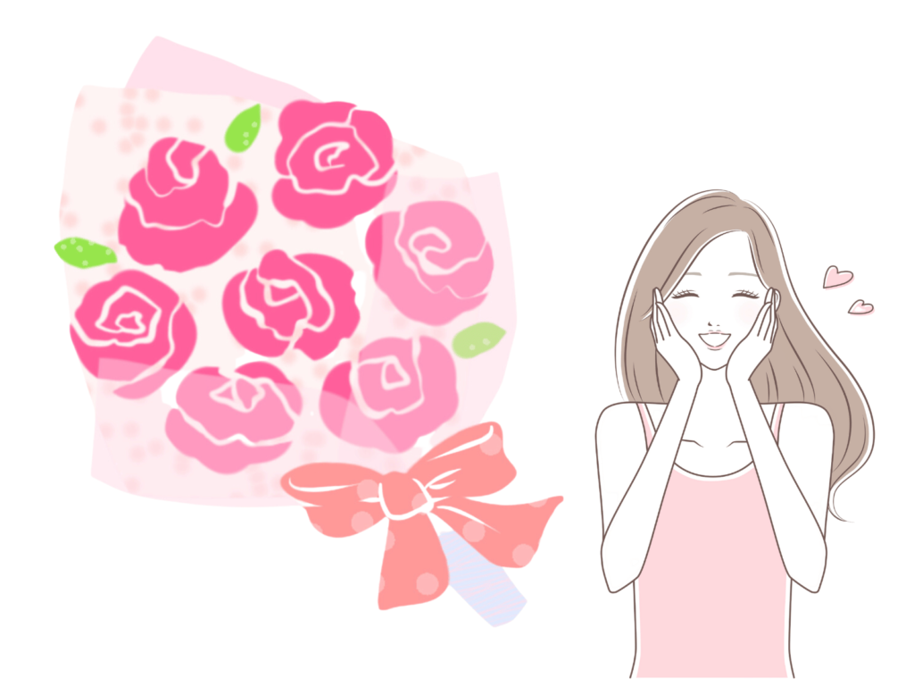 バラの花束と喜ぶ女性のイラスト