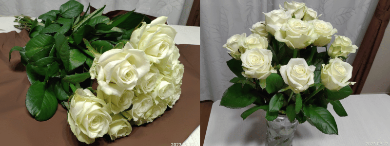 ガラスの花瓶に活けられた白いバラの花束